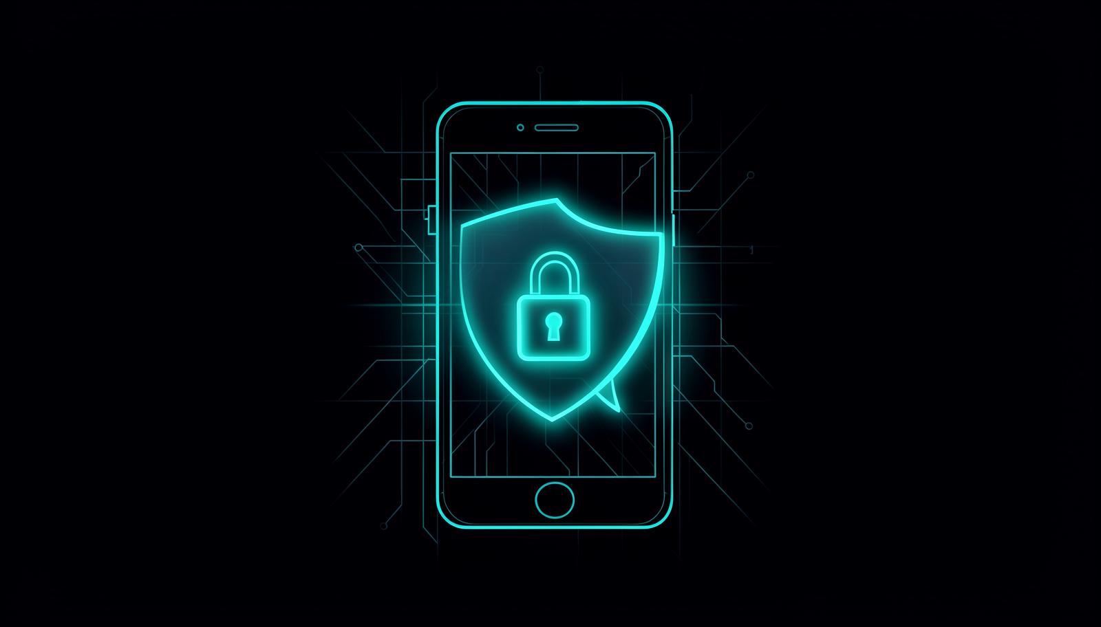 Blueprint diagram of a smartphone with a shield and padlock concealing a message bubble